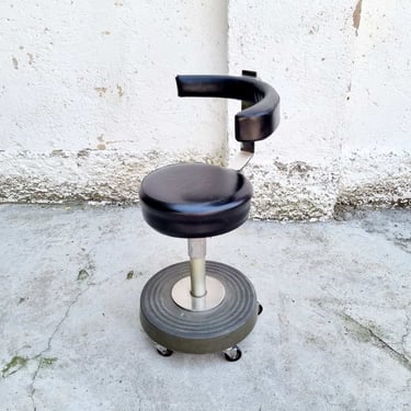 Vintage Industrial Metal Stool / Lab Chair / Swivel Stool / Black Eco Leather / Steel / 1970 / Industrial Furniture / Italy / '70s 