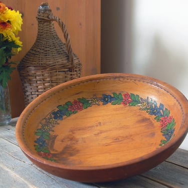 Hand painted wooden bowl / vintage bowl /  turned wood footed bowl with carved flowers / rustic wood bowl / farmhouse decor / cottagecore 