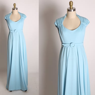 1970s Light Blue Polyester Sleeveless Full Length Belted Formal Dress by Bianchi -S 