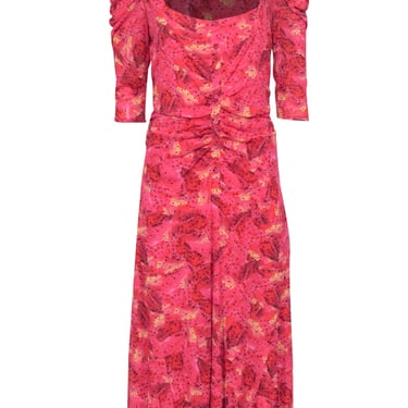 Diane von Furstenberg - Pink &amp; Red Abstract Printed Ruched Dress Sz L