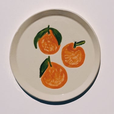 ceramic plate. tangerines 03. dessert, ring, or jewelry tray. glazed stoneware. 6 inch plate. 