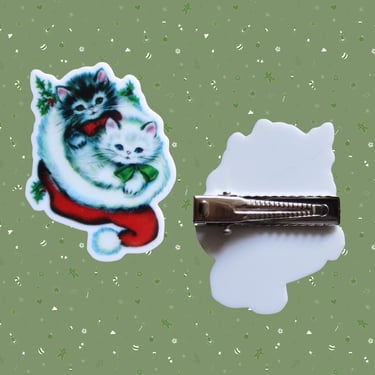 Retro Christmas Kittens Hair Clip - Cute Vintage Style Kawaii Cats in Stocking Barrette 