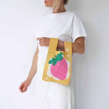 Vintage Strawberry Yellow Mini Crochet Bag | Summer Handbag | Macrame Bag | Motif Knitted Crochet | Jane Birkin Basket 