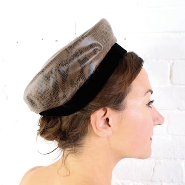 1970s Snakeskin Print Hat | 70s Faux Snake Beret Hat | Brown Vinyl Snake Hat | Frederick & Nelson 