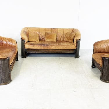 Vintage wicker and leather sofa set, 1960s - vintage leather sofa set - vintage patio set - vintage living room set - wicker sofa 