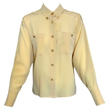 CHANEL Pale Yellow Button Up Crepe Blouse