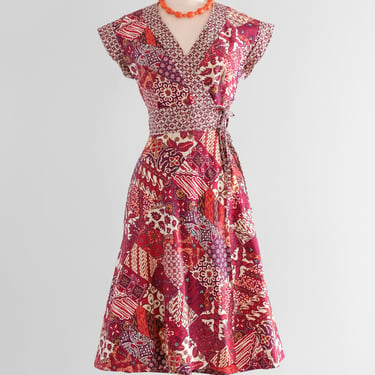 Amazing 1970's Batik Block Print Cotton Wrap Dress / Sz S/M