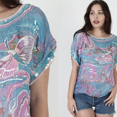 W.F. Adlmuller Pastel Sequin Blouse, Vintage 60s Delicate Silk Beaded Top, Animal Bird Print Designer Tunic 