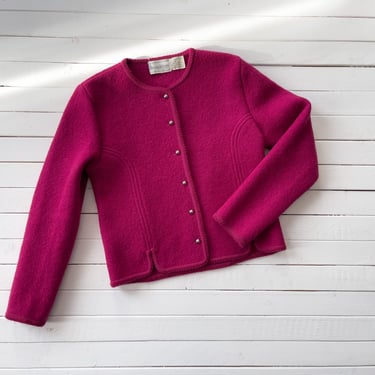 hot pink sweater | 80s 90s vintage The Eagle's Eye pink boiled wool Austrian Bavarian folk style warm cardigan jacket 