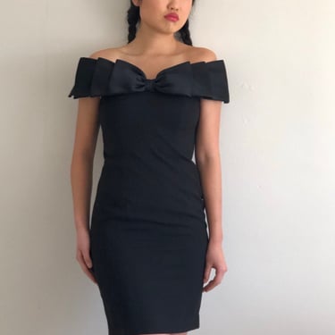 90s LBD / vintage black silk strapless off shoulder satin bow little black cocktail wedding guest dress | Small 