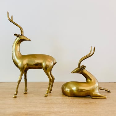 Vintage Mid Century Modern Brass Impala Antelope Sculpture - Pair 
