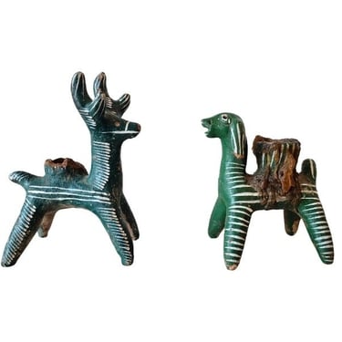 Scarce Antique Nahua Pottery Chililico Hidalgo Mexican Folk Art Animal Candle Holder Pair - Whimsical Stag Deer & Dog Sculpture 