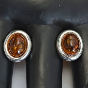 60's sterling red amber Modernist oval button earrings, simple EF 925 silver amber mid-century studs 