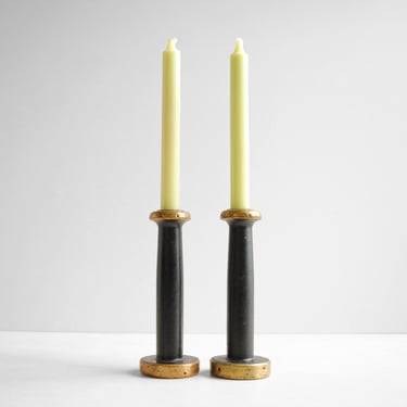 Vintage Pair of Wood and Brass Candlesticsk Holders Made from Factory Spools 