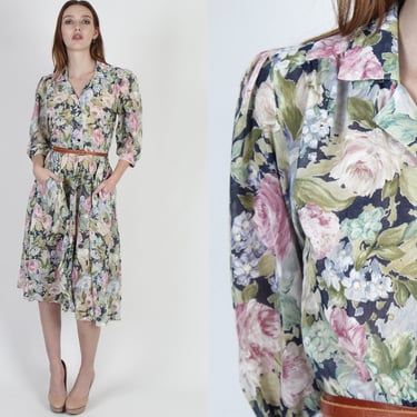 1980's Garden Floral Pockets Dress / Vintage 80s Romantic Print Dress / Rose Print Tea Party Midi Mini Dress 