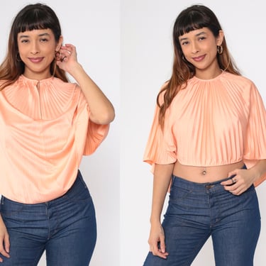 70s Pleated Blouse Peach Crop Top Boho Hippie Shirt Wide Sleeve Flowy Disco Crop Top Seventies Summer Festival Retro Vintage 1970s Small S 
