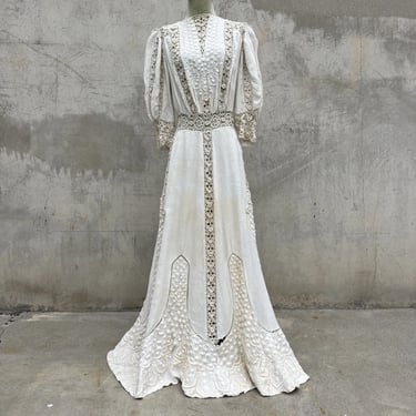 Antique Edwardian Linen Gown Thick Embroidery Irish Crochet Lace Dress  Vintage