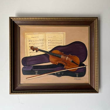 1960's Betty Pletzner Violin Music Instrument Impressionist Oil Painting, Framed 