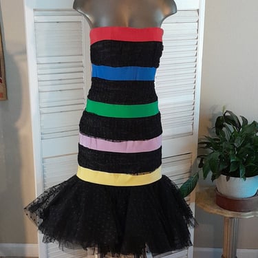 Vintage 80s  Victor Costa Strapless Party Dress Black Tulle /Colorful Ribbon / Bow Back / S 