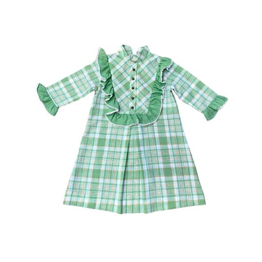 Vtg 70s Kids Children's Girls Lime Green Plaid Ruffle Neck Mod Ultra Mini Dress 