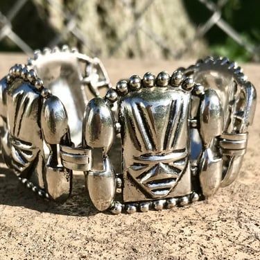 Vintage Hinged Cuff Bracelet Aztec Mayan Warrior Silver Tone Fashion Jewelry 