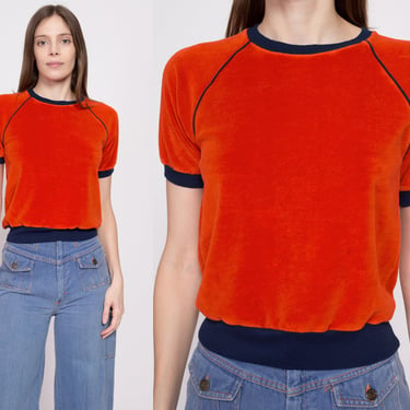 70s 80s Orange Terrycloth Top - Small | Vintage Short Sleeve Cropped Ringer Shirt 