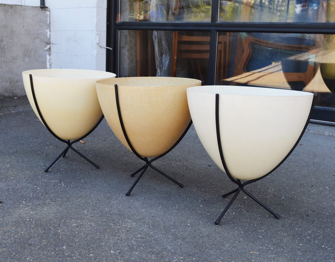 Three Iconic Kimball Fiberglass Bullet Planters w/ Metal Bases Mid