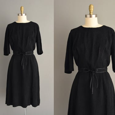 1950s vintage dress | Classic Textured Black Rayon Dress | XL | 50s dress 