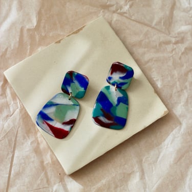 Marbled Statement Earrings / Blue / Polymer Clay 