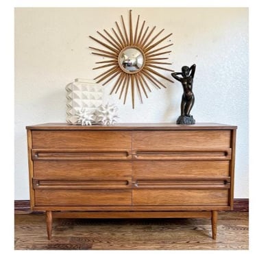 Bassett Mid Century Modern Walnut Dresser - 6 Drawer Lowboy with Sculpted Pulls/Vintage MCM Chest by Bassett 