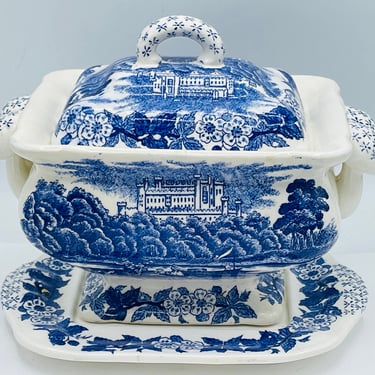Vintage  ROBINSON CLAY PRODUCTS Lidded Handled Flow Blue Castle River Scene Transferware Porcelain Soup Tureen 
