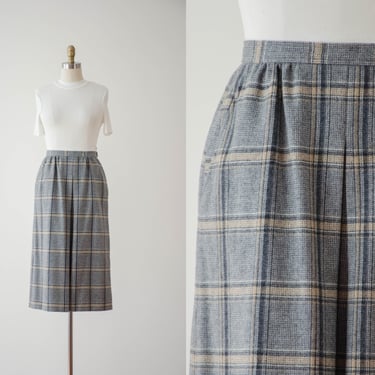 gray plaid wool skirt | 70s 80s vintage Pendleton dark light academia gray beige white  wool a-line knee length skirt 