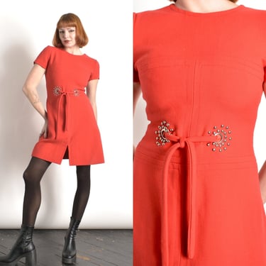 Vintage 1960s Dress / 60s Studded Wool Mini Dress / Red ( XS S ) 