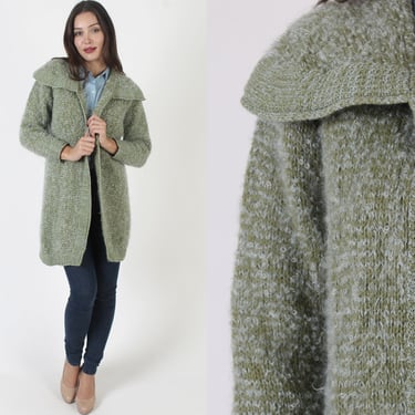 60s Green Nubby Mohair Long Sweater, Vintage Cozy Loose Fitting Jumper, Wide Shawl Roll Collar, Army Green Fuzzy Boyfriend Jacket 