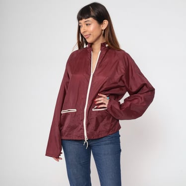 Burgundy Windbreaker Jacket 80s Zip In Hood Zip Up Plain Retro Jacket Nylon Vintage 1980s Lightweight Retro Thin Shell Medium M 