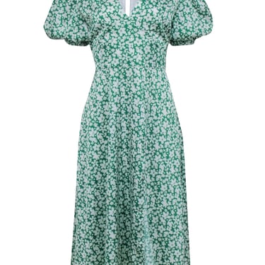 Alexia Admor - Green & White Floral Puff Sleeve Slit Front Maxi Dress Sz 8
