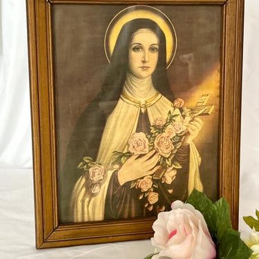 Framed Religious Print, St Teresa, Little Flower Saint, Wood Frame, Catholic Wall Decor, Vintage 50s Home 