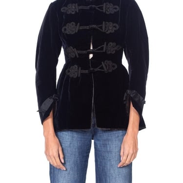 1870S Black Silk Velvet  Hand Quilted Lined Smoking Jacket With Passementerie Details 