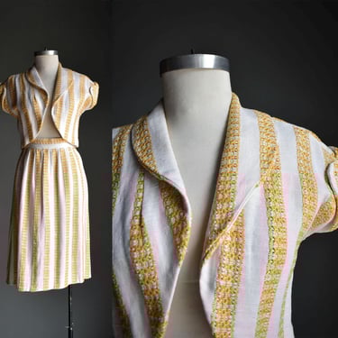 Vintage 1960s Linen 2pc Set / Vintage Shrug & Matching Skirt Set / 1960s Yellow and White Linen Striped Skirt Set / Handmade 1960s Vintage 