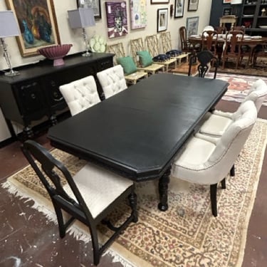 Black Painted Dining Room Table, 4 Upholstered Side Chairs &amp; Two Wood Framed Head Chairs with Three 11&quot; Leaves