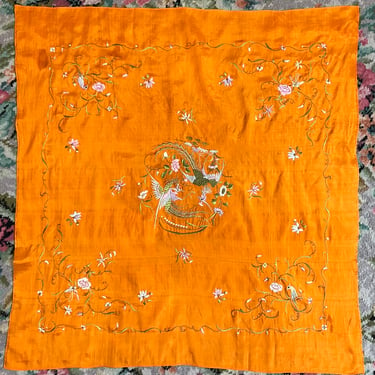 Antique Scarf - Gorgeous Vintage 20s Chinese Silk Scarf with Vibrant Orange with Pastel Bird and Floral Embroidery 