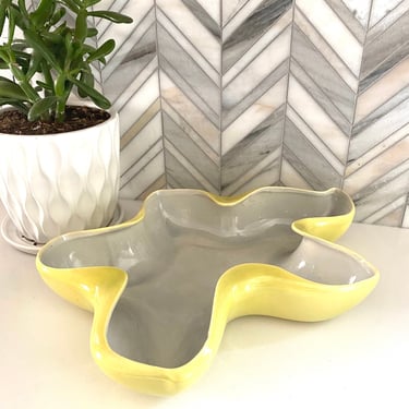 Red Wing Yellow and Gray Grey Abstract Atomic Console Bowl, No. 1407, Vintage, Mid Century Chartreuse Dish, MCM Art Pottery 