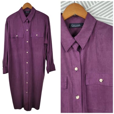 Vintage 100% Silk Shirt Dress Size 14 Button Up Long Purple Party Casual Career 