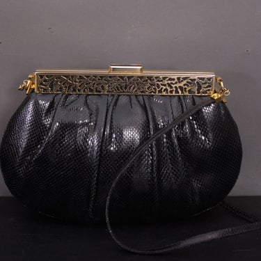 Vintage Judith Leiber Black Snakeskin Purse | Clutch/Shoulder Bag | Gold Metal Animal Print Band 