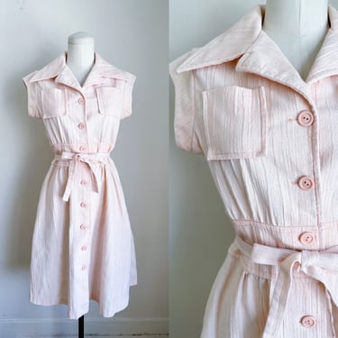 Vintage 1970s Peach Belted Shirt Dress / S 