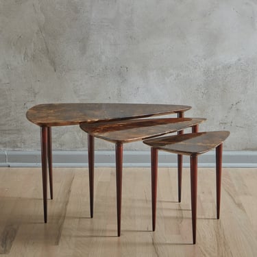 Trio of Triangular Parchment Nesting Tables in the Style of Aldo Tura, Italy 1950s