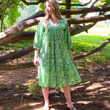 Hand Block Print Midi Dress, Block Print India Cotton Dress, Wood Blocked Floral Dress, Midi Dress with Sleeves, Green Floral Block Print 