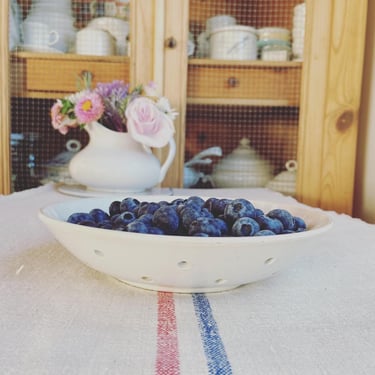 Beautiful vintage French ironstone berry bowl, colander 