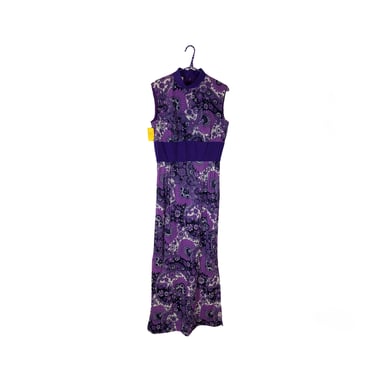 Vintage 70s Purple Polyester Groovy Retro Mod Floral Paisley Print Dress Deadstock Tags Size 14 