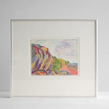Vintage Pastel Landscape Drawing of Cliffs in a Metal Frame 